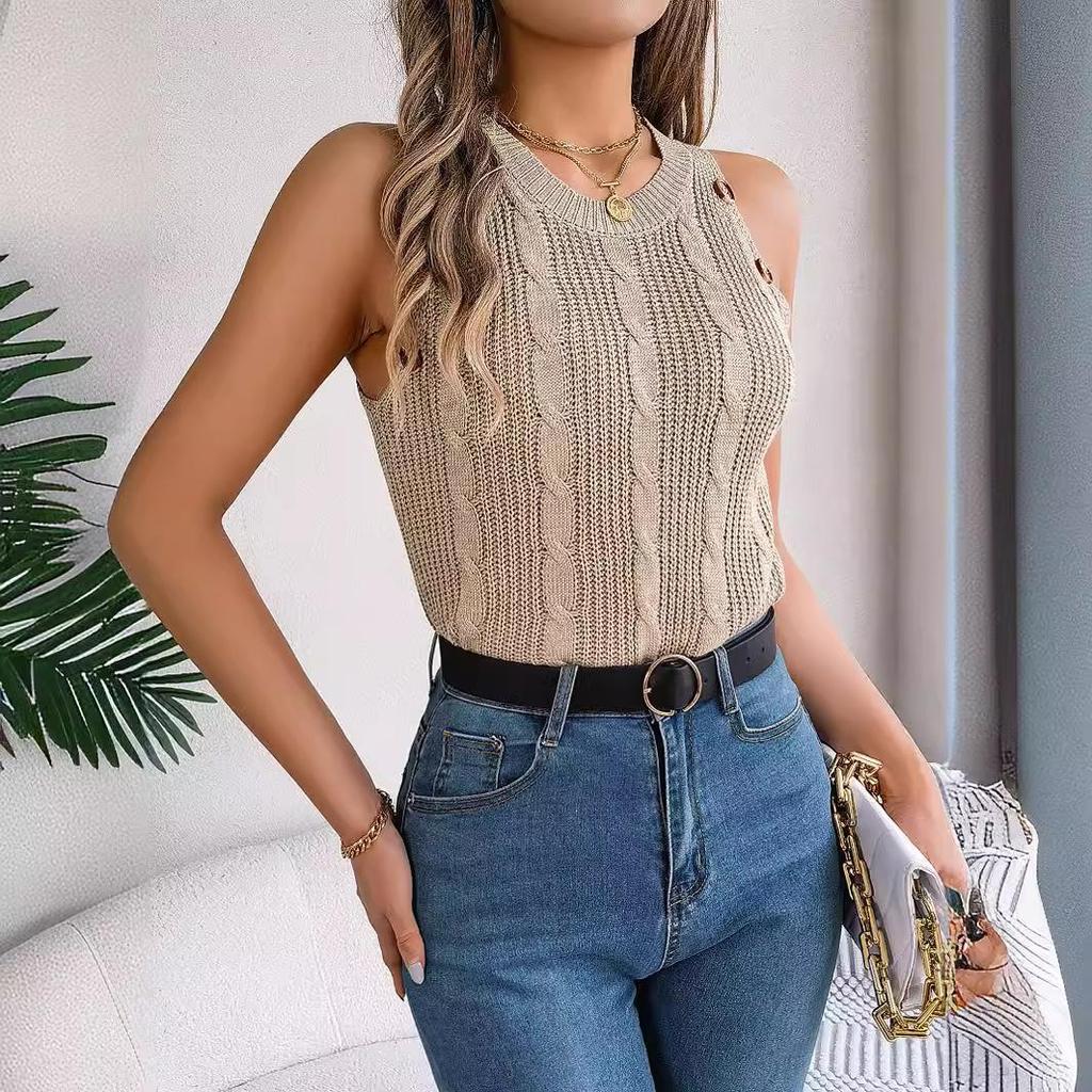 Damen T-Shirt mit V-Ausschnitt, ärmellos, einfarbig, für Damen, T-Shirt, Street-Strickmode