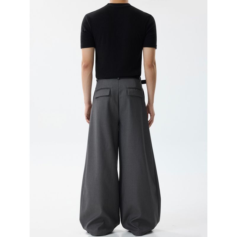 Blaexit Retro Vintage Style Cleanfit Gray A-Line Dress Pants Men's Pleated Casual Loose Wide-Leg Scimitar Pants