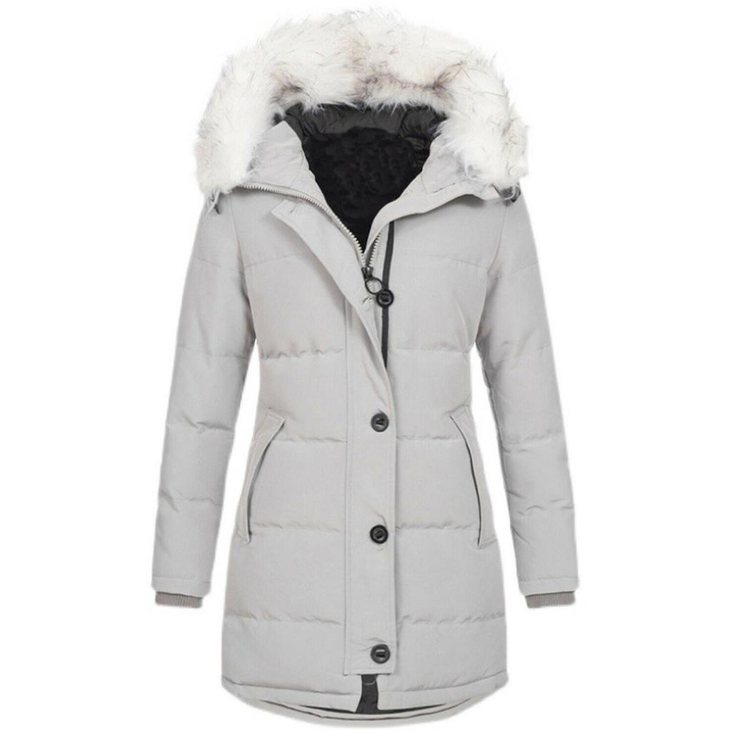 Parka Caldo Invernale da Donna a Maniche Lunghe con Cappuccio e Zip, Colore Solido, Lunghezza Media, in Cotone