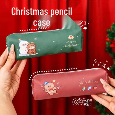 Estojo de Lápis de Desenho de Natal - Bolsa de Papelaria de PU de Grande Capacidade, Presente Adorável para Crianças