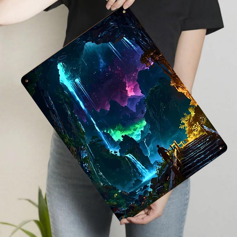 

Dreamy Starry Sky Cave Waterfall Scenery Iron Painting Home Living Room Bedroom Decor Wall Art 20x30cm（7.8x11.8inch）
