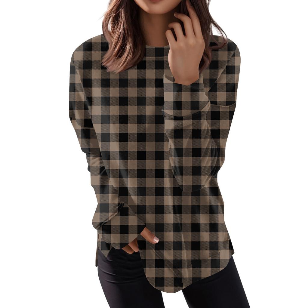 Women's Fashion Casual Long Sleeve Plaid Round Neck Top