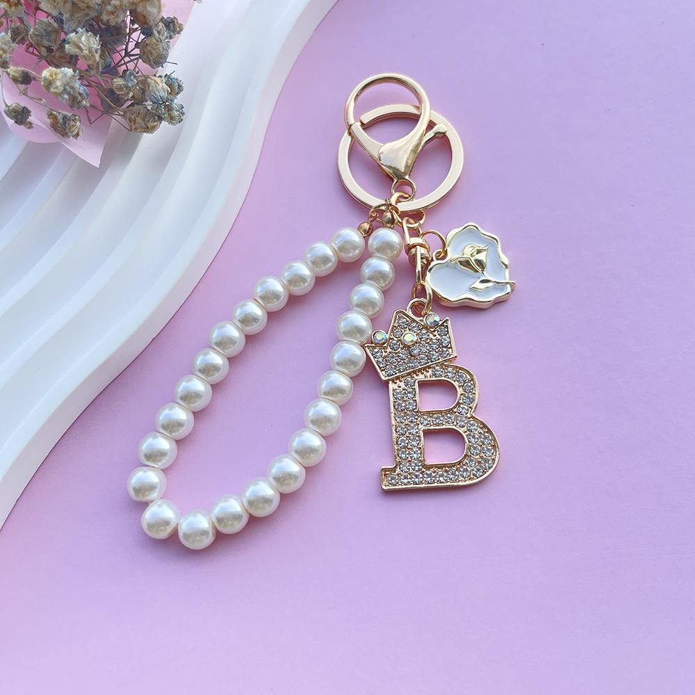 Boutique Crown A-Z 26 Initial Letters Rose Keyring Crystal Faux Pearl Resin Beaded Keychain Bag Pendant Women Girl Gifts Jewelry