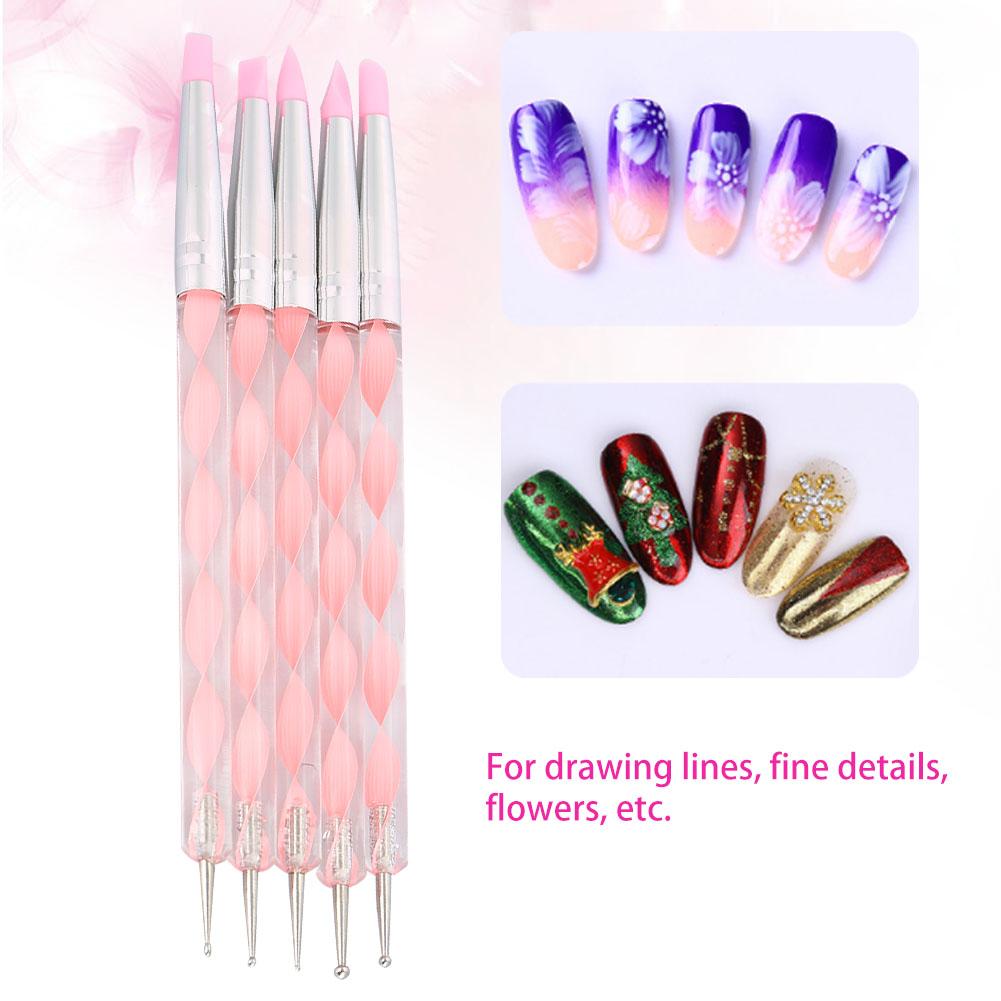 5pcs Dual ended Carving Sculptur Pen Set Silicone Head Dotting Pen Manicure Nail Art Tool Pink
