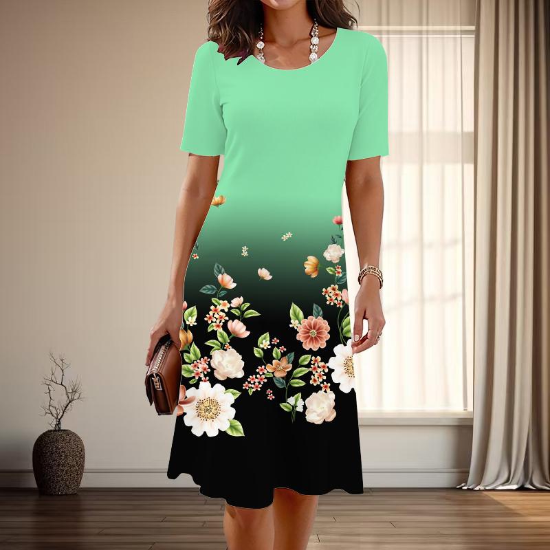 

Женская мода изящный цветочный принт лето весна короткий рукав О-образный вырез повседневные платья 2XL зелёный