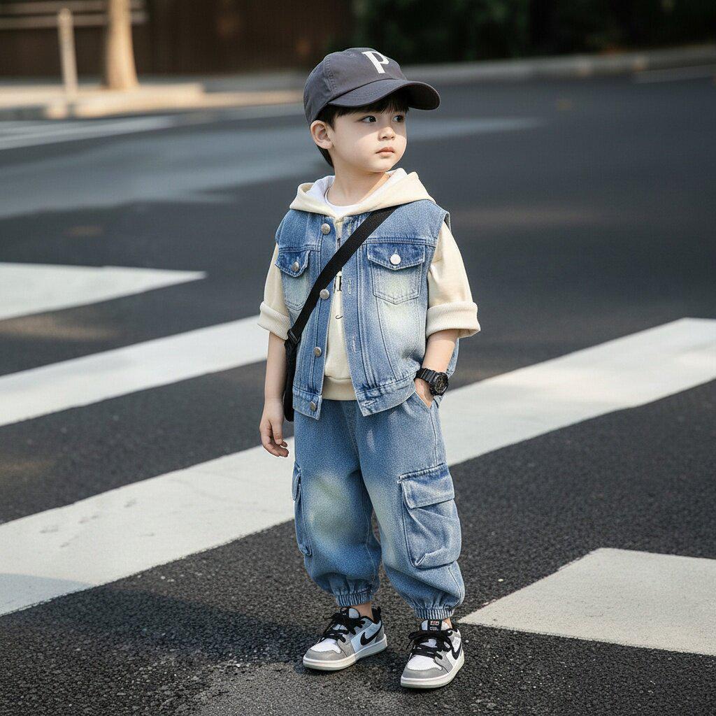 Koreanischer Stil Jungen Frühling/Herbst 2026 Jeansweste 3-teiliges Set - Cooles und hübsches Hemd für Kinder