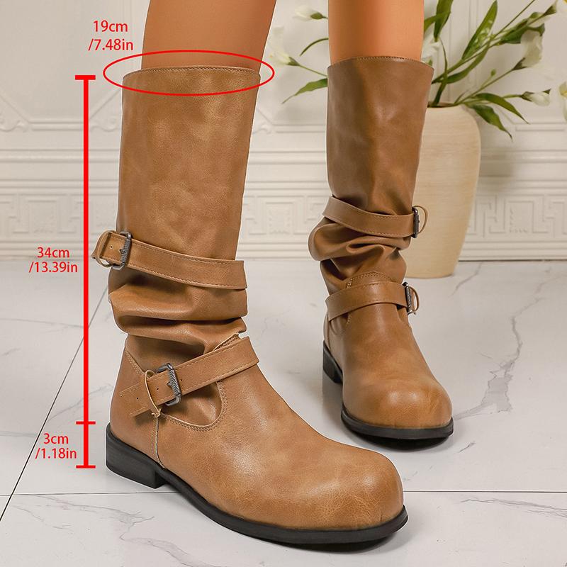 Vintage Buckle Decro Pu Leather Riding Boots Women Slip On Middle Heel Mid Calf Boots Woman Round Toe Autumn Winter Botas