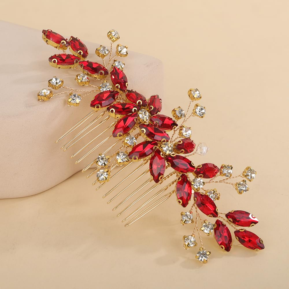 Red Rhinestones Side Headpiece for Women Handmade Hair Comb with Crystal Handmade Long Hair Accessories (Red)