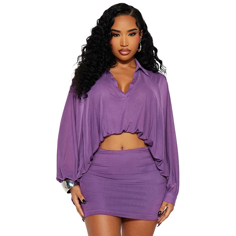 

European and American style autumn new solid color fashion long-sleeved top mesh bubble pendulum shirt skirt set L фіолетовий