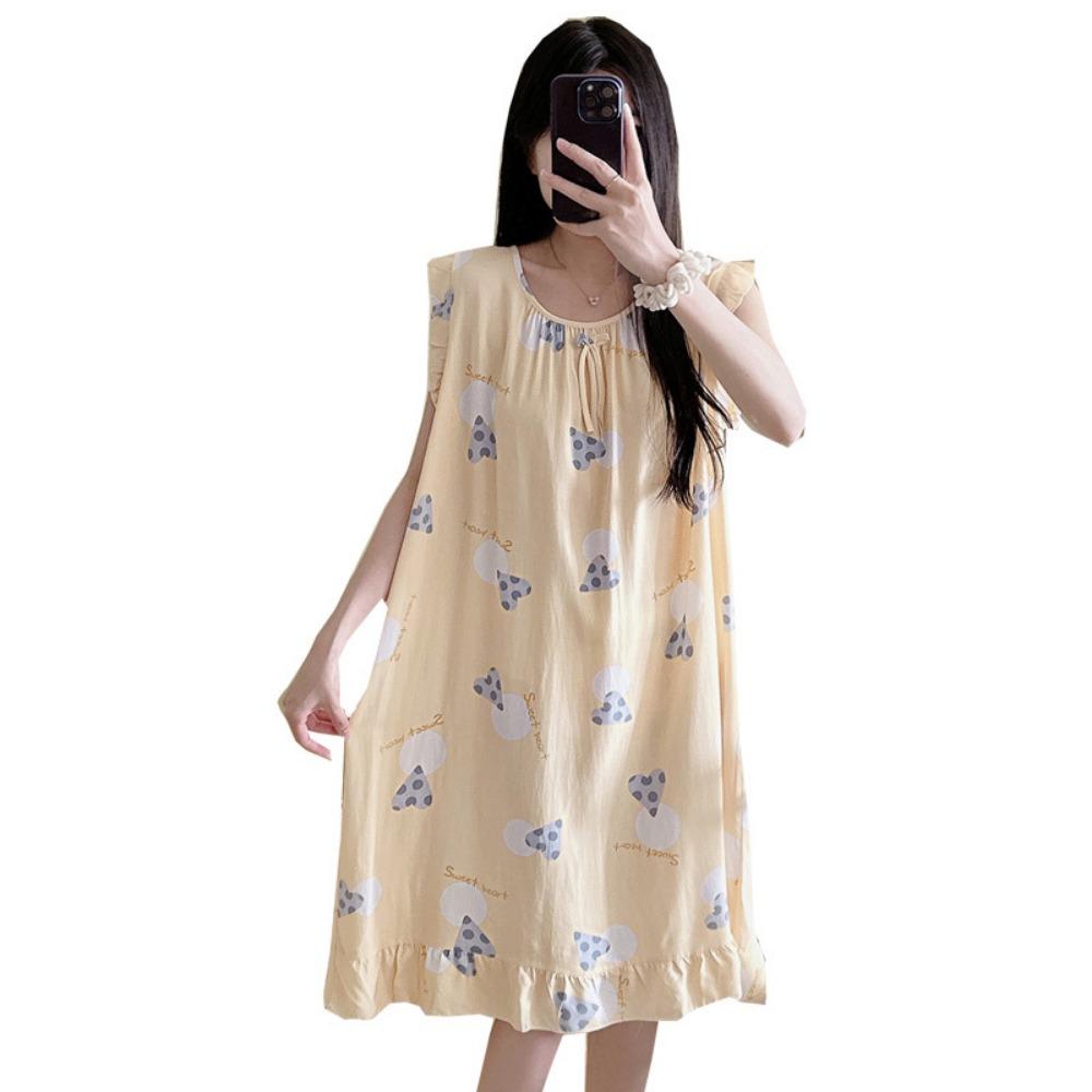 Cotton and Silk Nightgown Women's Spring, Summer and Autumn Casual Short-sleeved Large-size Printed Pajamas Summer Thin High-end Sensitive Cotton Whol