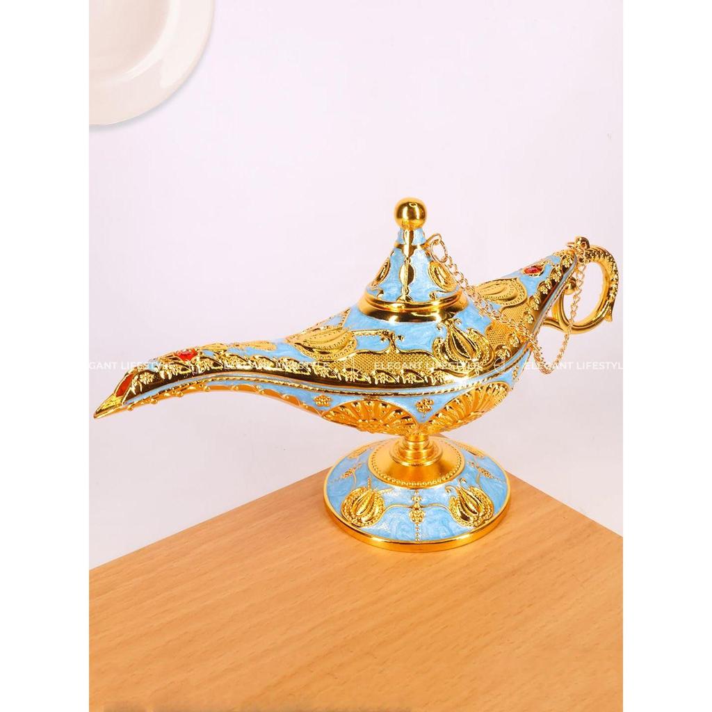 Vintage Aladdin Chirag Lamp-Luxurious Metal Jewelry Box,Decorative Showpiece,Home & Office-12 cm(Gold-Lite Blue)