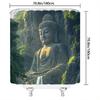 Tranquil Buddha Shower Curtain - Majestic Statue At Mount Emei, Polyester, Woven, Serene Scene With Trees & Waterfall