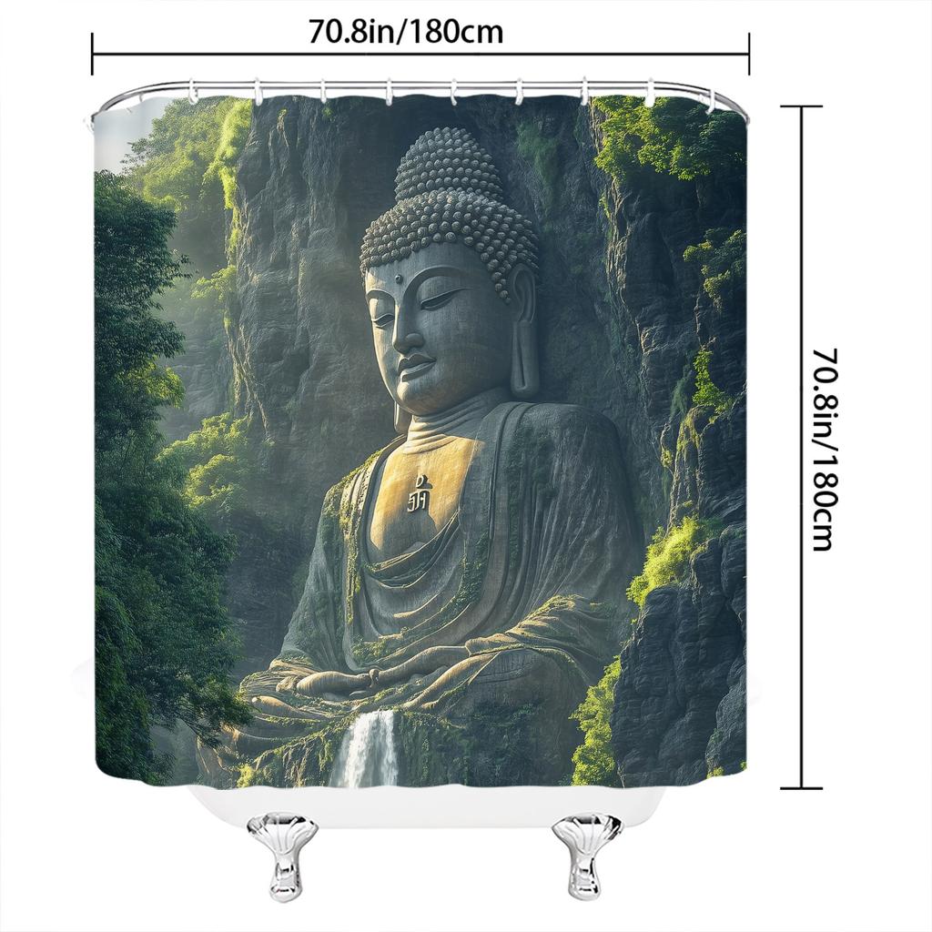 Tranquil Buddha Shower Curtain - Majestic Statue At Mount Emei, Polyester, Woven, Serene Scene With Trees & Waterfall