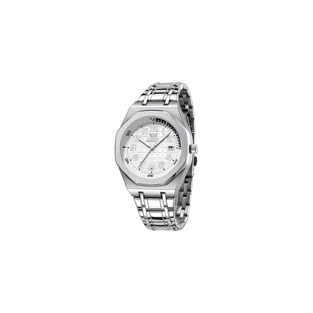 OPK Men's Casual Business Watch White Octagonal Case Grid Dial Date Waterproof Luminous Stainless Steel