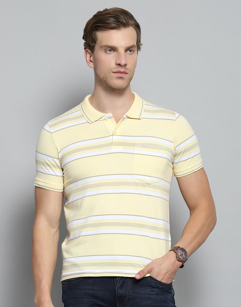 Monte Carlo Mens Striped Yellow Collar Neck Half Sleeve T-Shirt