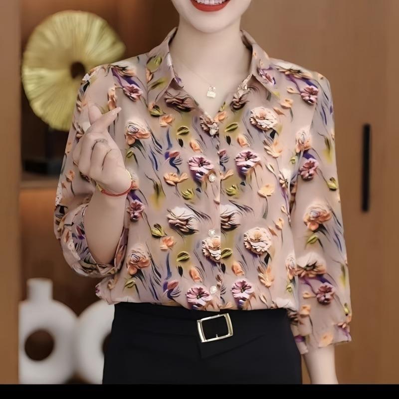 Shirt summer new printed shirt mother temperament fashion shirt loose and thin foreign seven-point shirt top