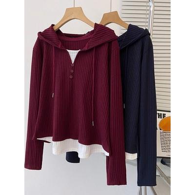 Autumn New Loose-fitting Fake Two-piece Spliced Long-sleeved Hooded T-shirt That Covers the Flesh Looks Slimming