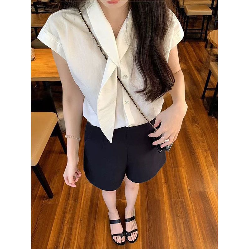 French POLO Collar Streamer Design Sense Niche White Shirt Women's Summer Temperament Shirt Thin Short Sleeve Chic Top
