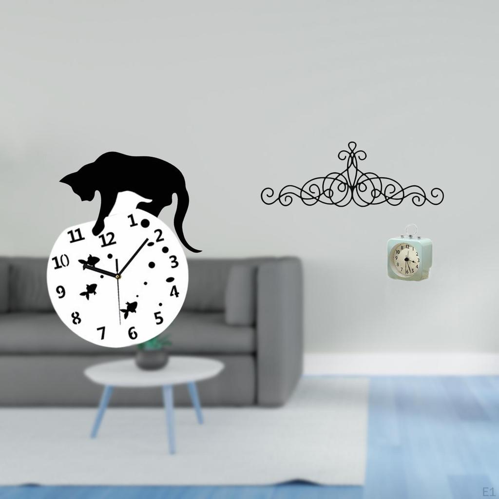 Silent Hanging Cat Clock with Quiet Movement And Floral Metal Wall Art Decor for Living Room