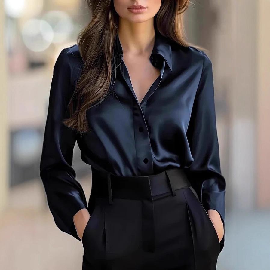 European and American temperament commuter long-sleeved shirt women's autumn POLO collar polyester cardigan