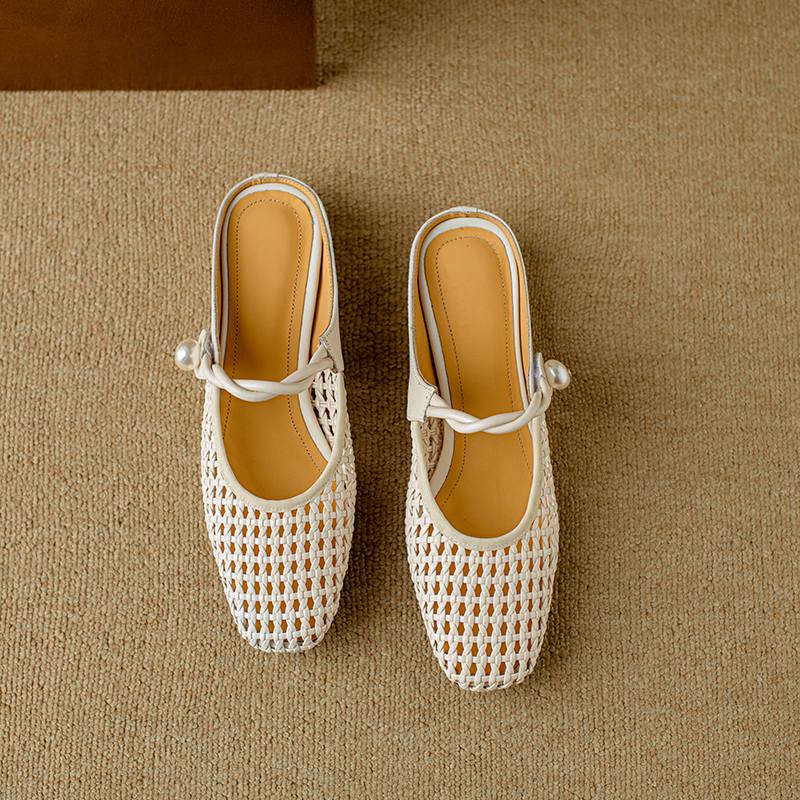 Krazing Pot Microfiber Mules Weaving Summer Size 41 Low Heels Pearl-studded Party Shoes Women Square Toe Gladiator Hollow Out Pumps