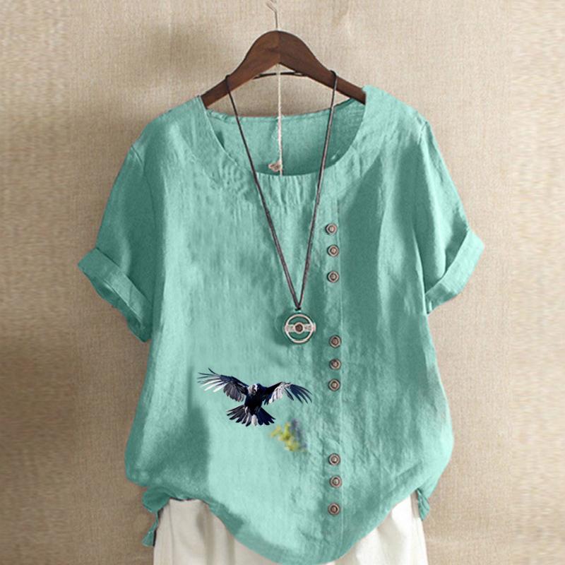 Women's Fashion Eagle Prined Round Neck Short Sleeve T-shirt Casual Cotton Linen Graphic Shirt Leisure Loose Summer Blouse Tops