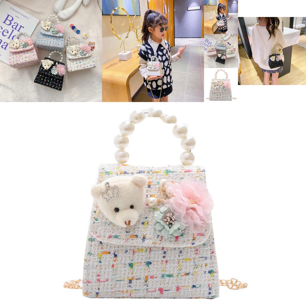 Adorable Mini Princess Chain Bag For Girls In Soft Leather With Cute Bear Design And Pearls