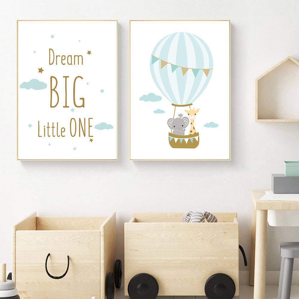 Hot Air Balloon Canvas Picture Blue Stars Cloud Nursery Print Cartoon Letter Poster Nordic Giraffe Elephant Painting Kids Room