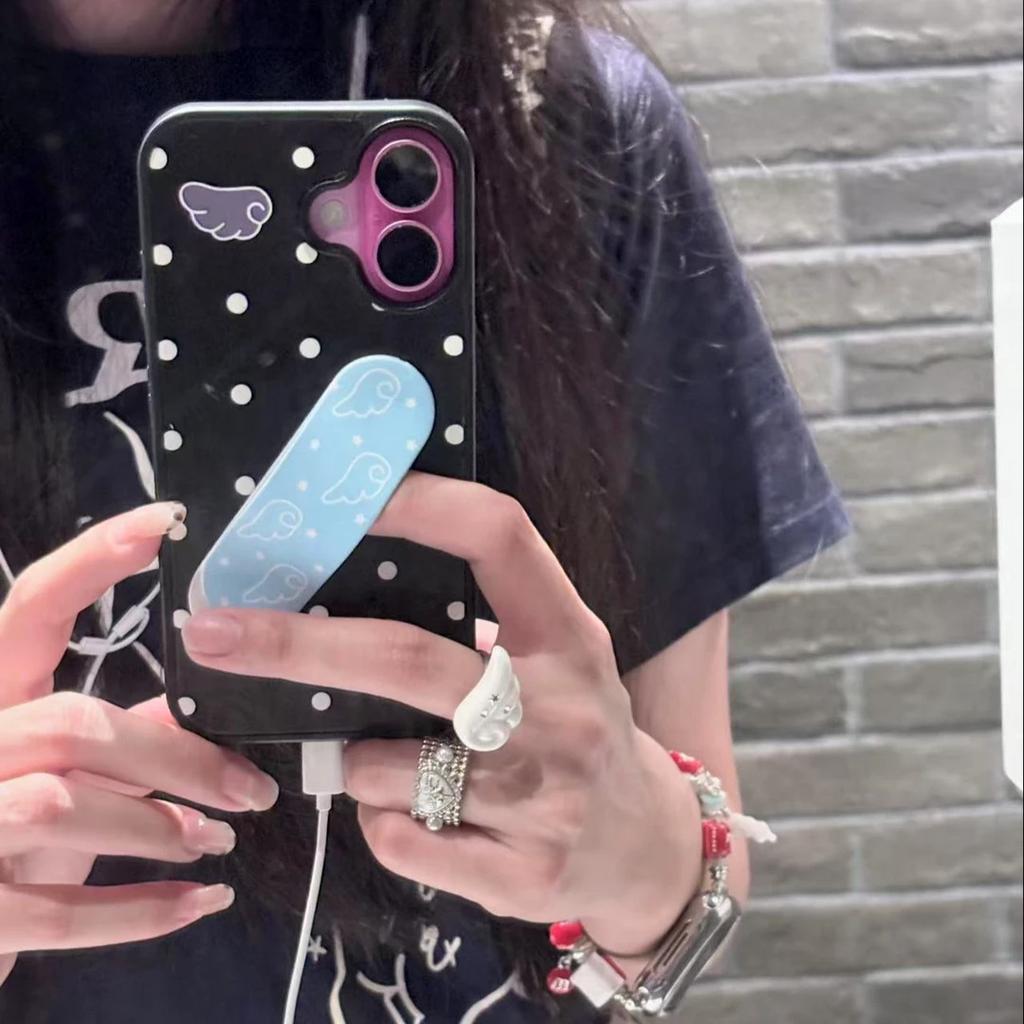 Korean Polka Dot Wings Band-Aid Bracket for iPhone16/17Pro Mobile Phone Case 14 Matte 15 Girl 13