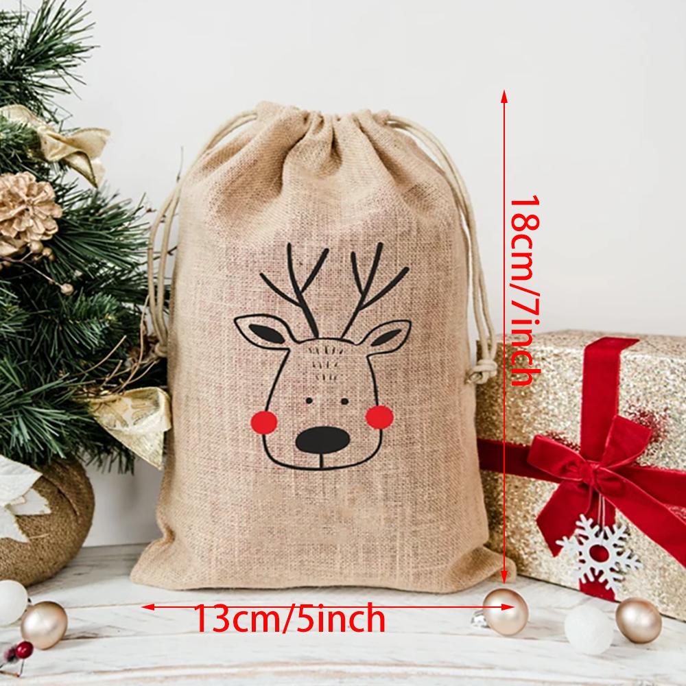 4Pcs Christmas Sack Linen Santa Sack Christmas Gift Secret Santa Drawstring Bags Christmas Tree Ornament  New Year Party Decor