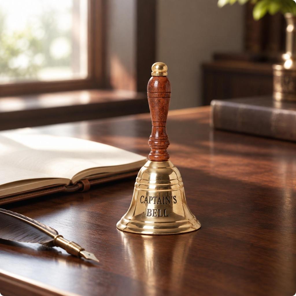 Ship's Bell Decorative Brass Hand with Wooden Handle Vintage for Themed Interior Styling,