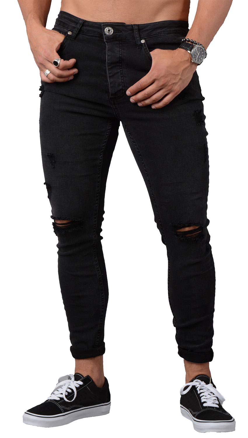 

Petit de Français Men s Distressed Washed Denim Jogger Pants, Ankle Length, Blue, Spring Vintage, Straight Denim, D-16 (Black, Size 04 XL)