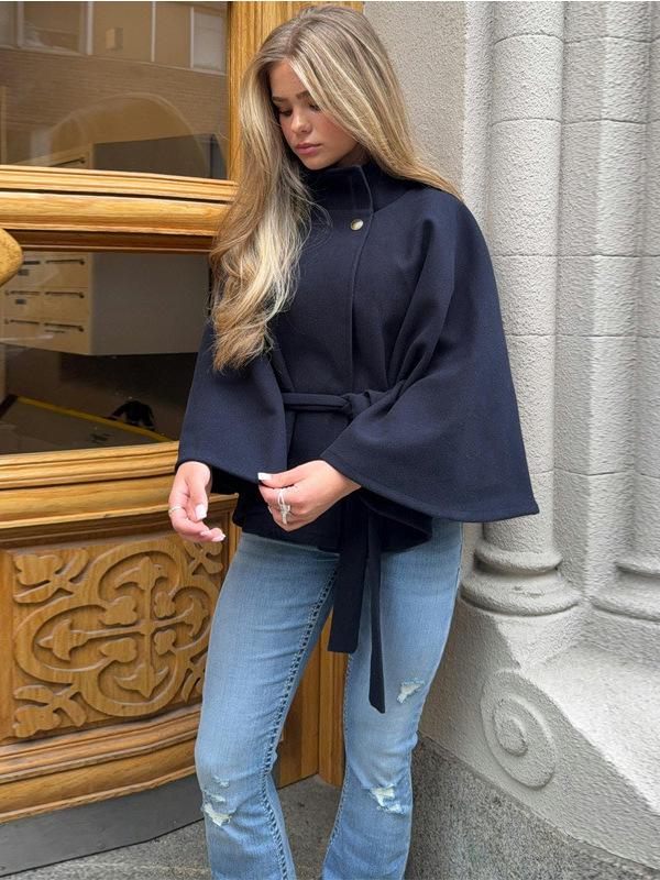 2025 Fall Women's Elegant Stand-up Collar Bell Sleeve Waist-Tie Short Wool Coat