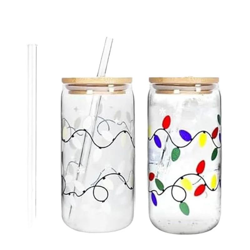 Color Changing Glass Cup 380-600ml Bamboo Leak Proof Cover And Straw Change Color When Exposed To Cold Christmas Party Gift