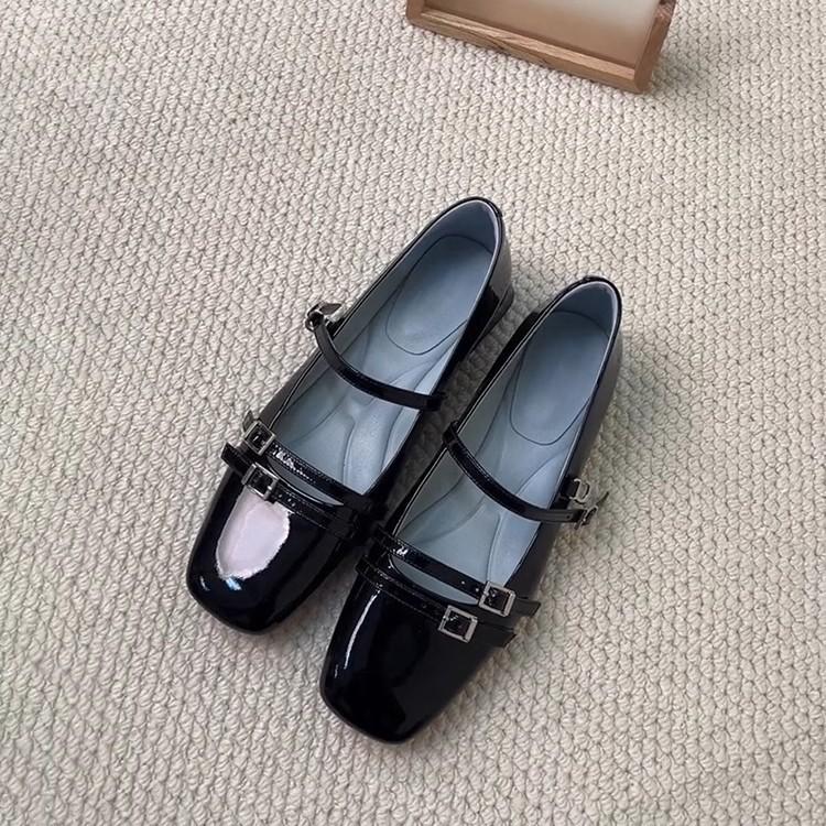 Sheepskin Version~ French Patent Leather Black Versatile Small Single Shoes One-word Buckle Shallow Mouth Square Head Niche Design Mary Jane Shoes