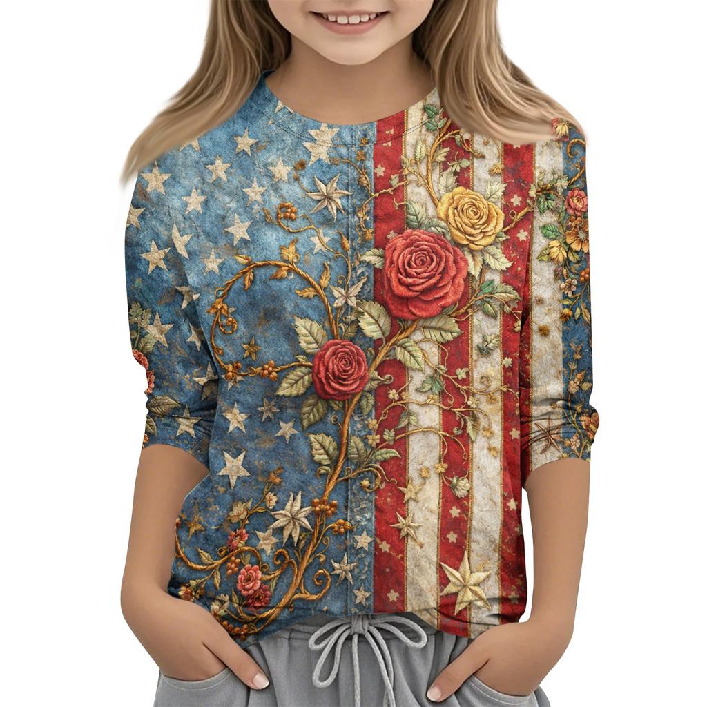 Children's Independence Day Printed Round Neck Seven Quarter Sleeve Casual T-shirt