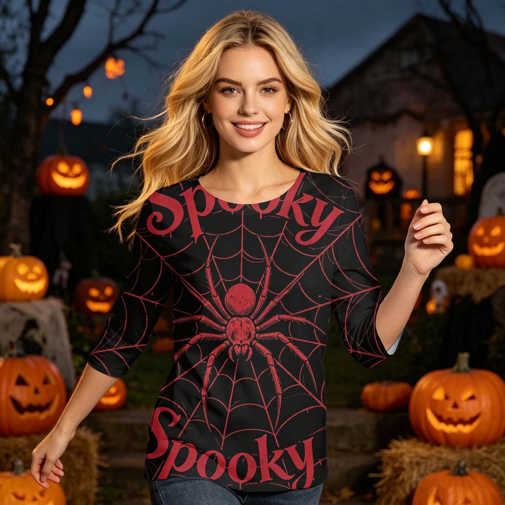 Women's Casual 3/4 Sleeve Halloween Print Round Neck Top Lightweight Loose Fit Pullover Shirt for Everyday Wear