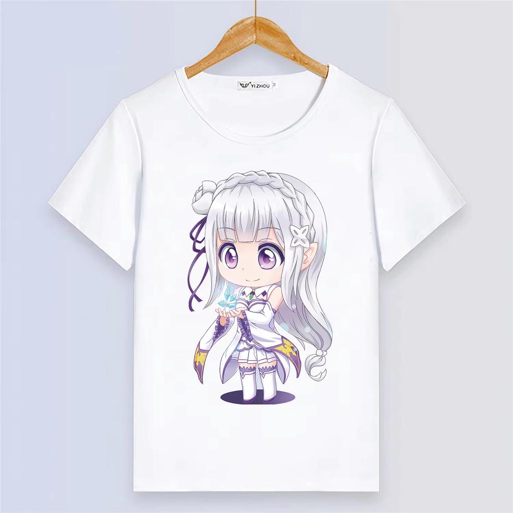 Anime Rem Ram Emilia Sommer Kurzarm Cartoon Druck Weiß Atmungsaktiv Oberteil Damen und Herren T-Shirt