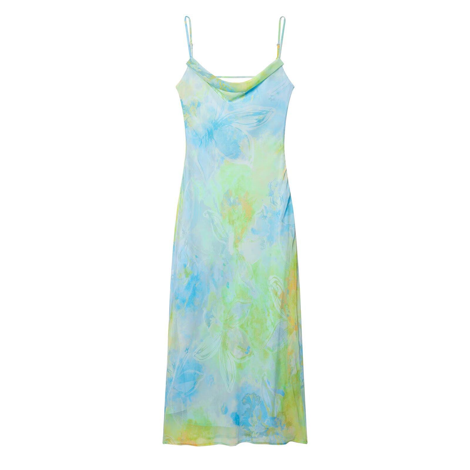European and American style, new women s clothing, foreign style, classic V-neck backless printed suspender dress XS синий