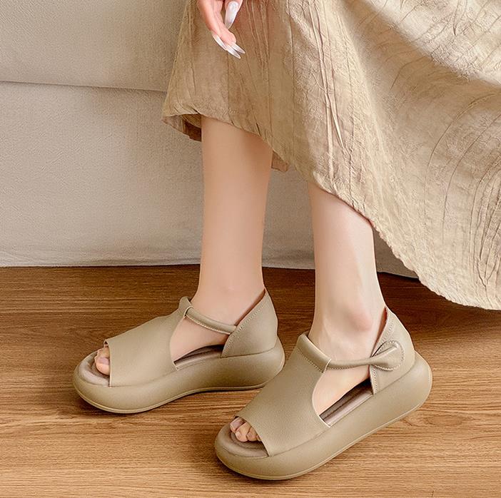 Fashion 5CM Genuine Leather Peep Toe Summer Ankle Booties Women Sandal Hollow Fashion Platform Wedge Flats Shoes Hook Flats