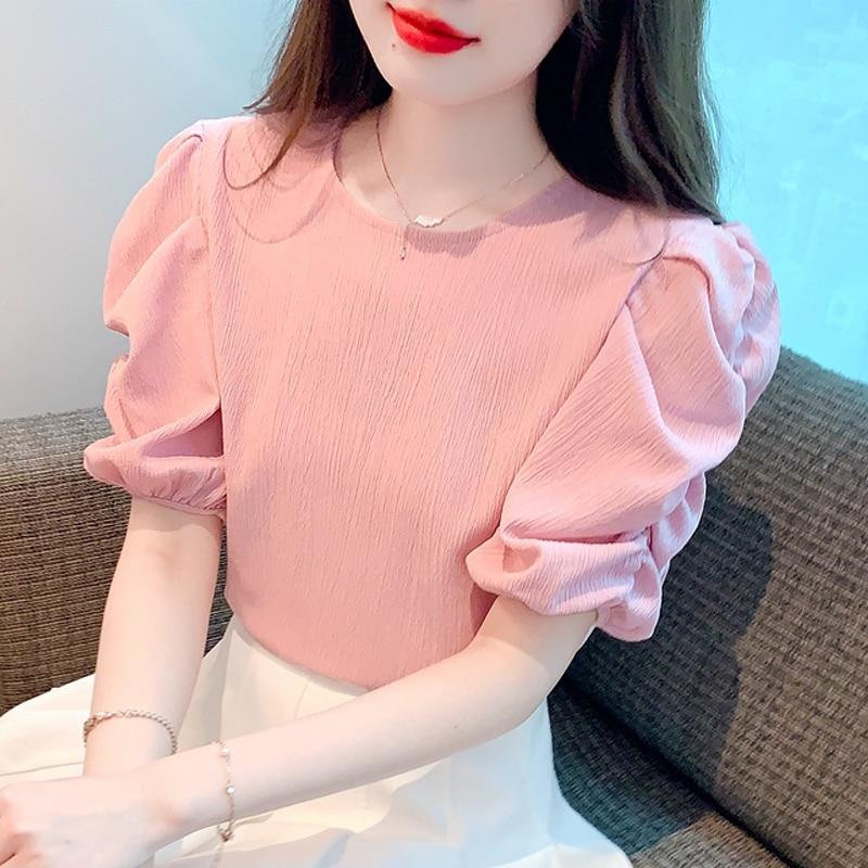 Women Shirts Office Lady Fashion Chiffon Tops Round Collar Sweet Short Puff Sleeve Blouse Solid Color Summer Clothes 27487