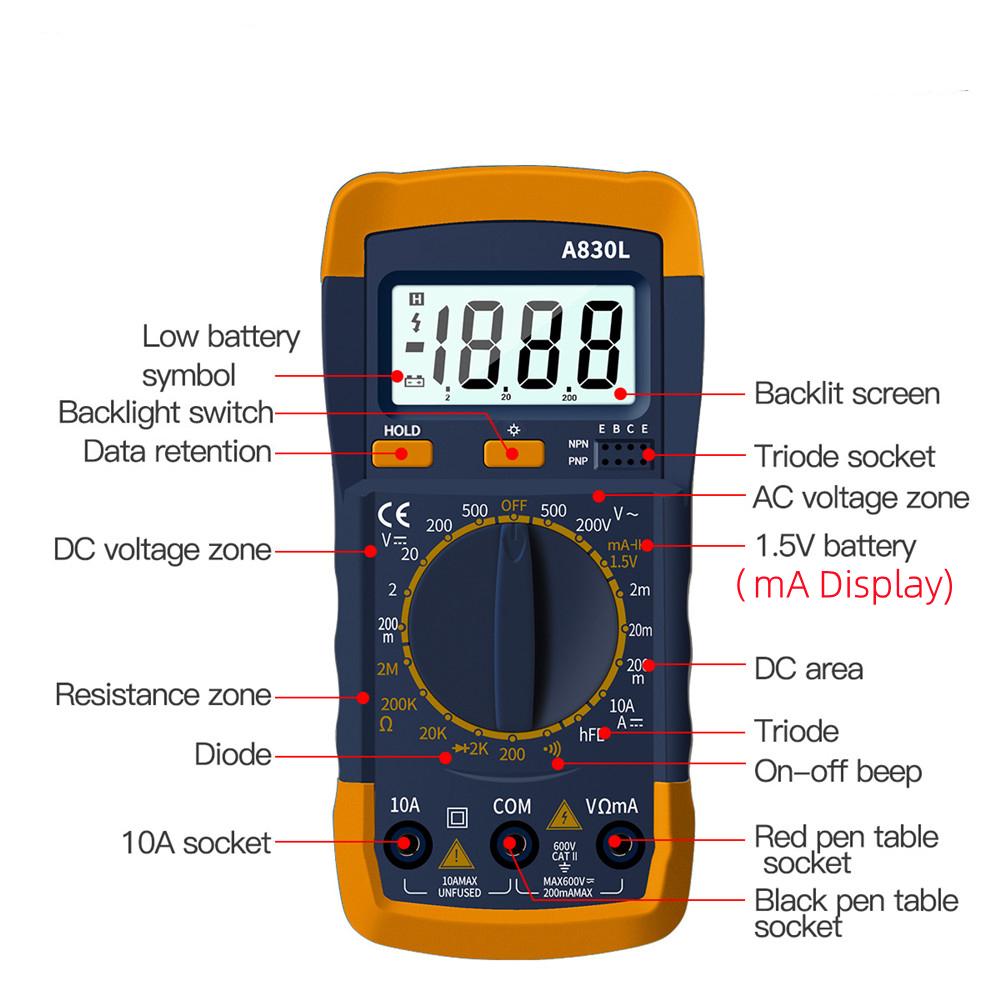 Freguency Multitester Current Tester Luminous Display with Buzzer FunctionA830L LCD Digital Multimeter AC DC Voltage Diode