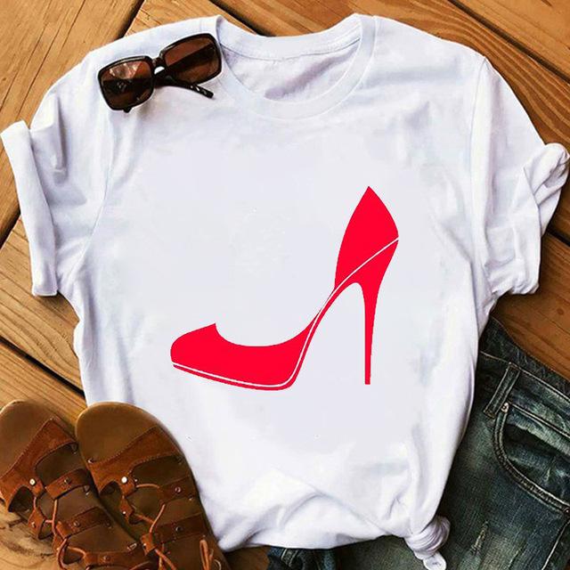 Kpop Korean Fashion High Heels Graphic Woman T-Shirt 90S Summer Loose Short Sleeve O-Neck Female Tops Kawaii Clothes