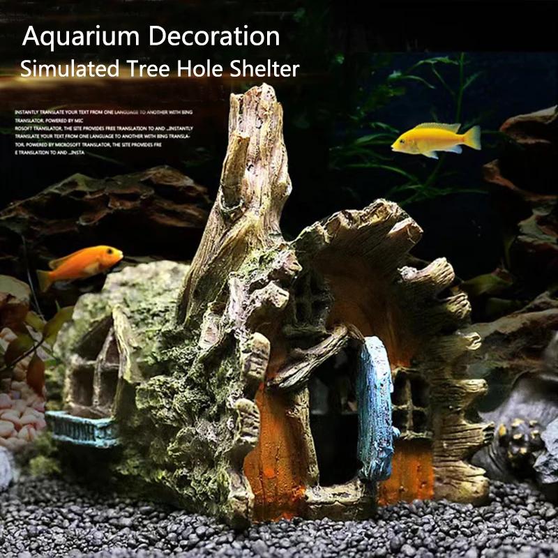 Resin Aquarium Bark Cave Ornament Fade-Resistant Hideaway with Fake Plant Coral Rock for Freshwater Saltwater Tank