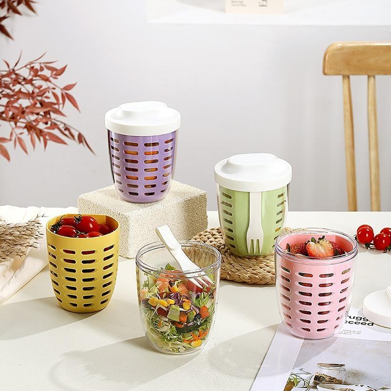 1PC Dripable Fruit Cup with Fork Food Grade Student Portable Picnic Storage Bucket Plastic Cup Sealed Leak Proof Salad Cup