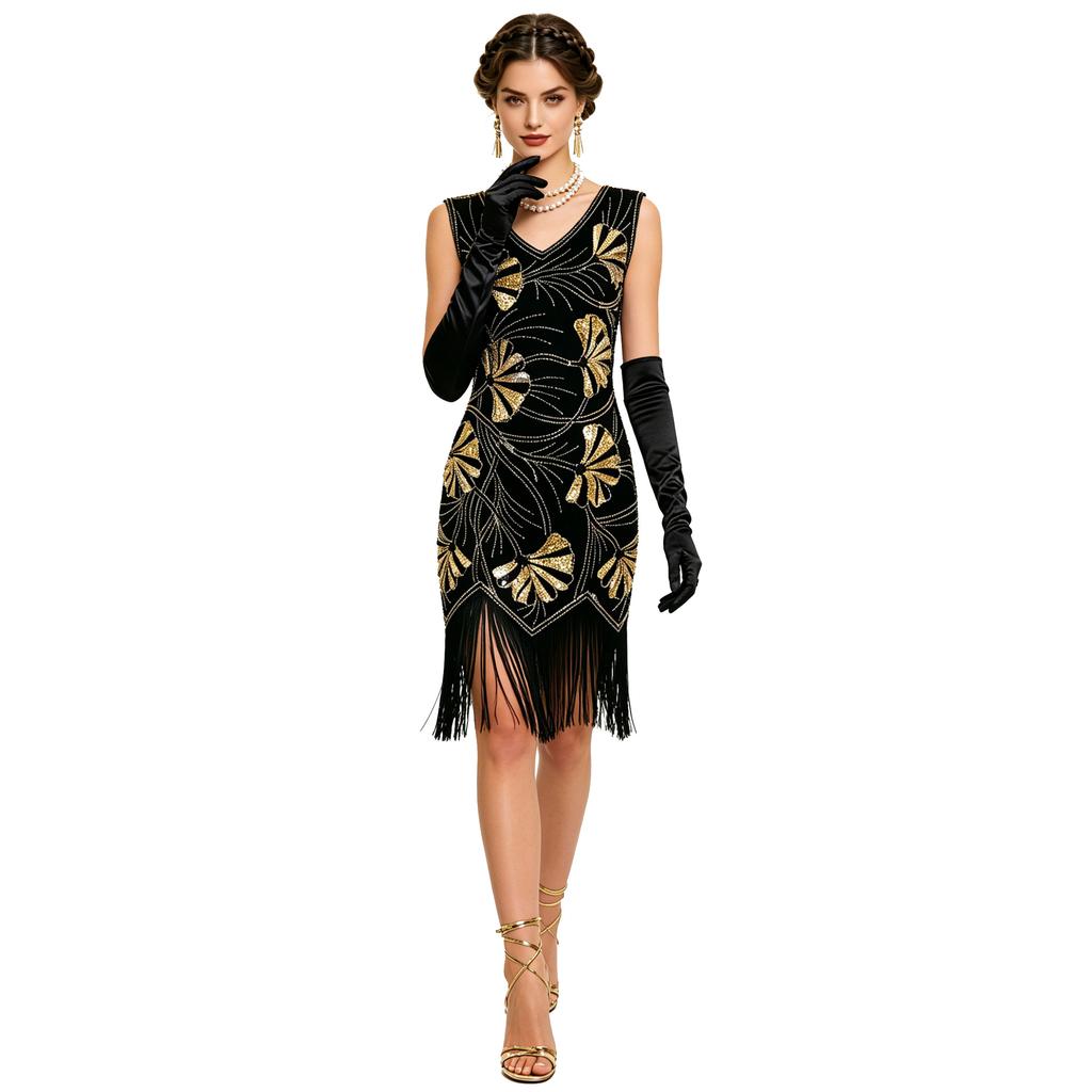 V Neck Dress Roaring 20s Great Gatsby Dress for Women 1920s Dress Evening Gown Cocktail Party Dresses Women's Sequin Bead Fringed Hem Flapper Dress
