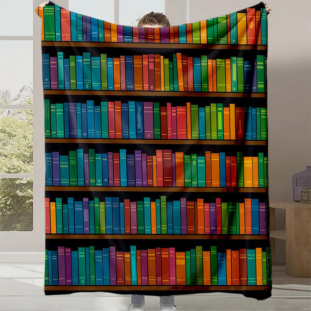 1Pc Monet-Inspired Bookshelf Print Plush Blanket - Thick All-Season Soft Bedspread With Multicolor Book Pattern (Monet'S Library