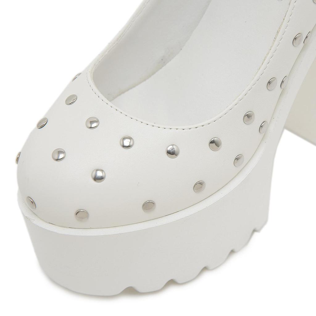 Gdgydh Scarpe con Tacco Alto Borchiate Piattaforma per Donna Cinturino alla Caviglia con Fibbia Borchiata Tacco Chunky Scarpe Bianche da Cerimonia
