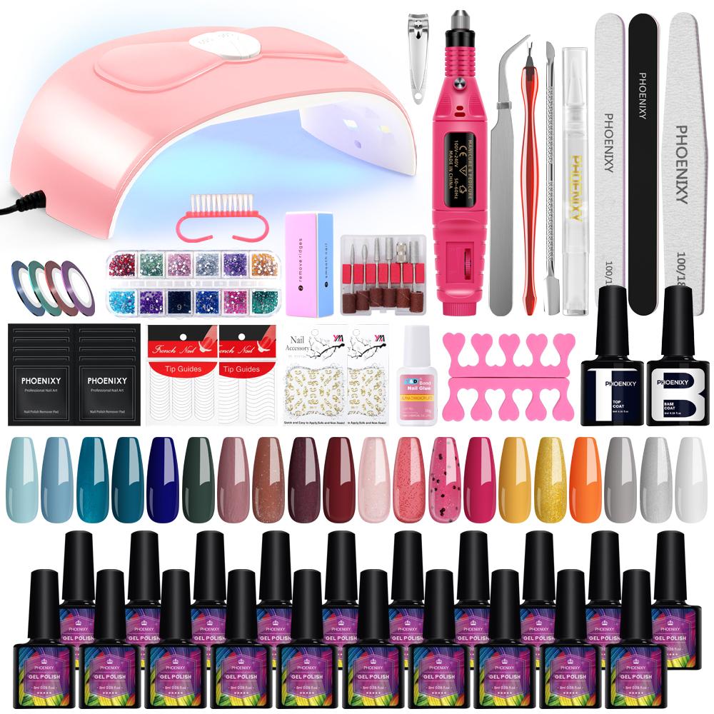 Set de manichiură profesional PHOENIXY cu lampă pentru unghii Set de lac de unghii cu gel Instrumente complete pentru unghii pentru design de artă a unghiilor Lampă LED/UV