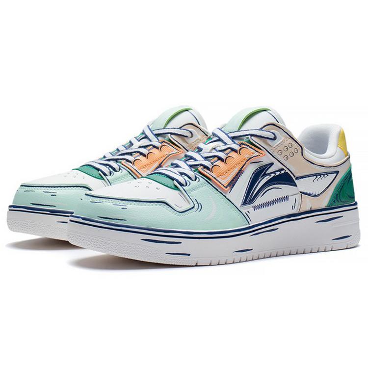 Li Ning Leather Fashion Abrasion Resistant Breathable Low Top Skateboard Shoes Men's White Green AGCS199-2
